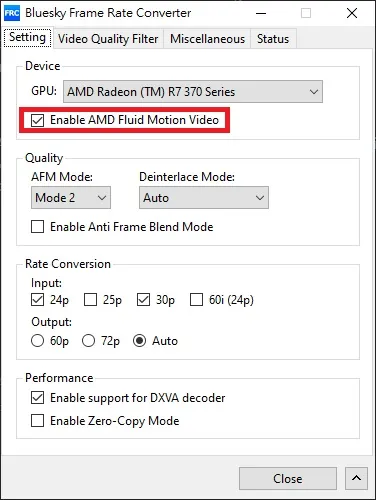 Bluesky Frame Rate Converter Setting