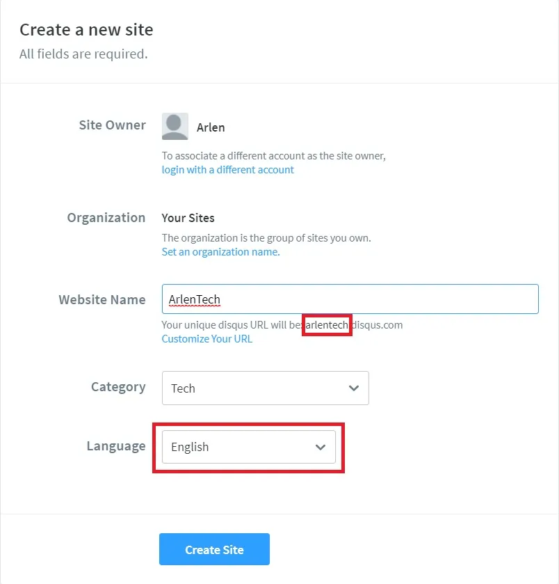 Disqus Create a site 3
