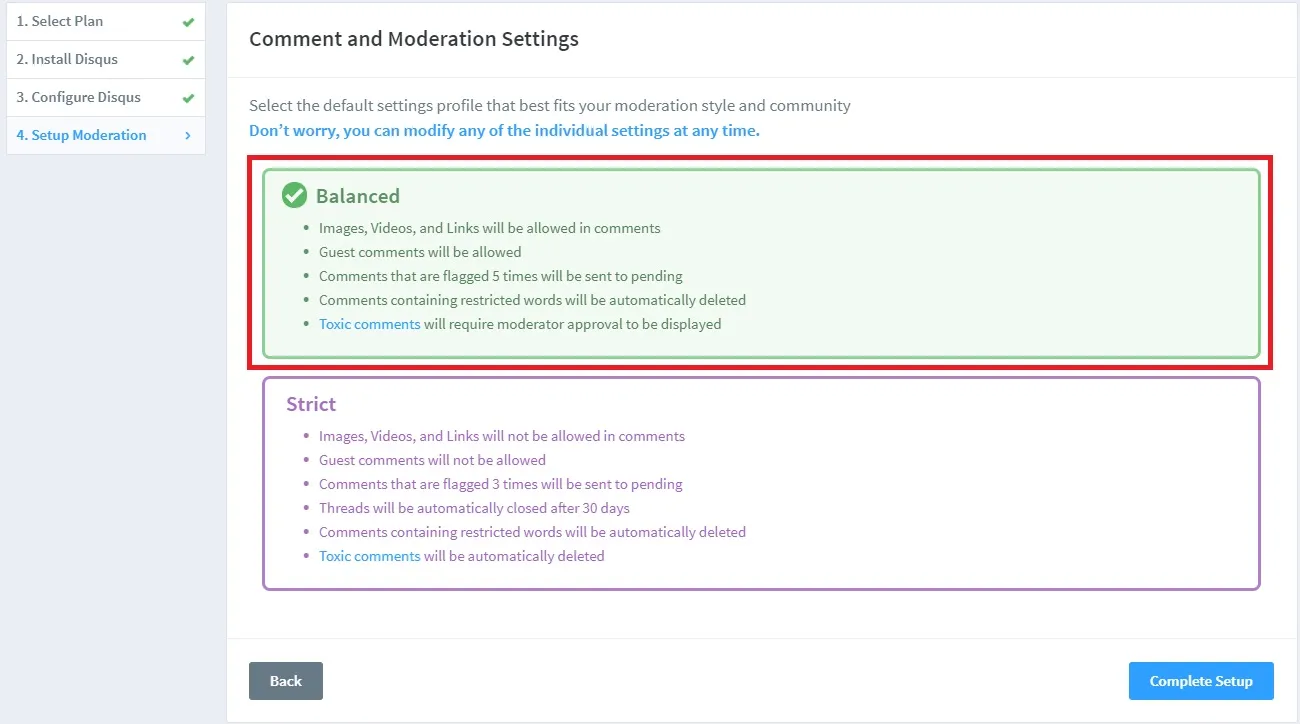 Comment and Moderation Settings